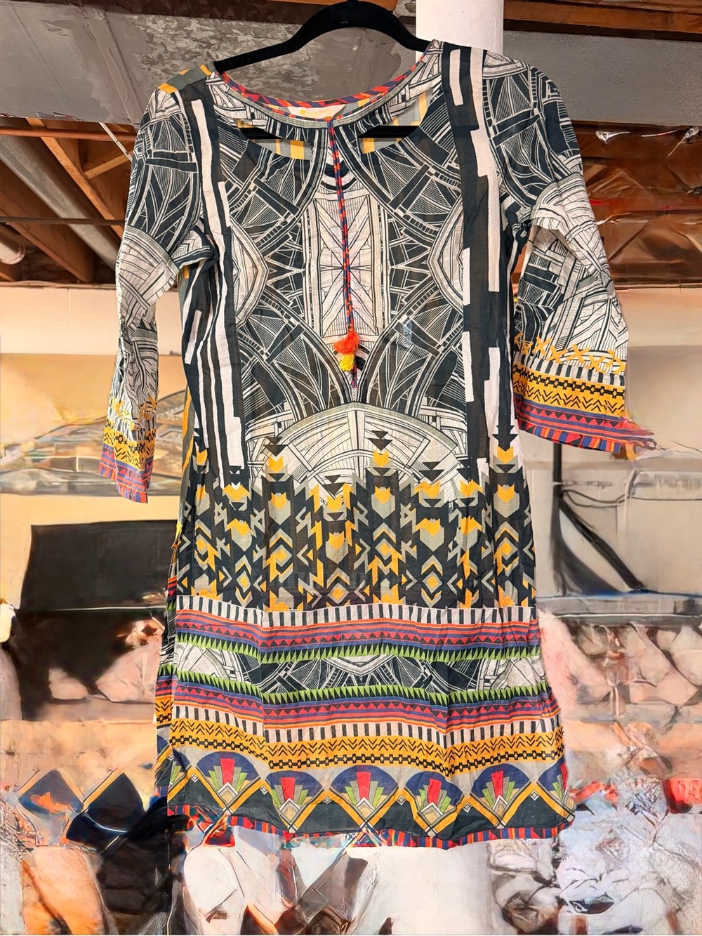 Boho Geometric Printed Tunic Dress in Black & Yellow